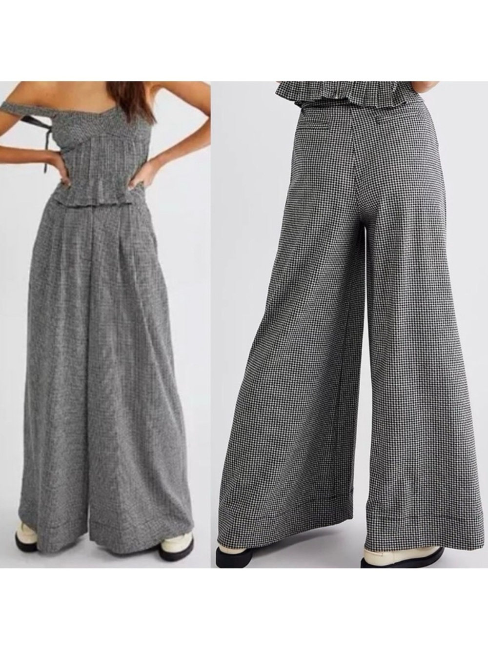 Free People Josie Houndstooth Wide Leg Pants Trousers Black White High Rise Boho